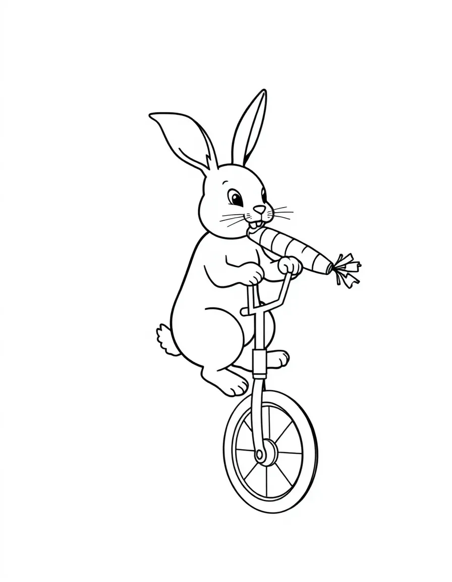 A rabbit riding a unicycle, balancing a carrot on its nose.