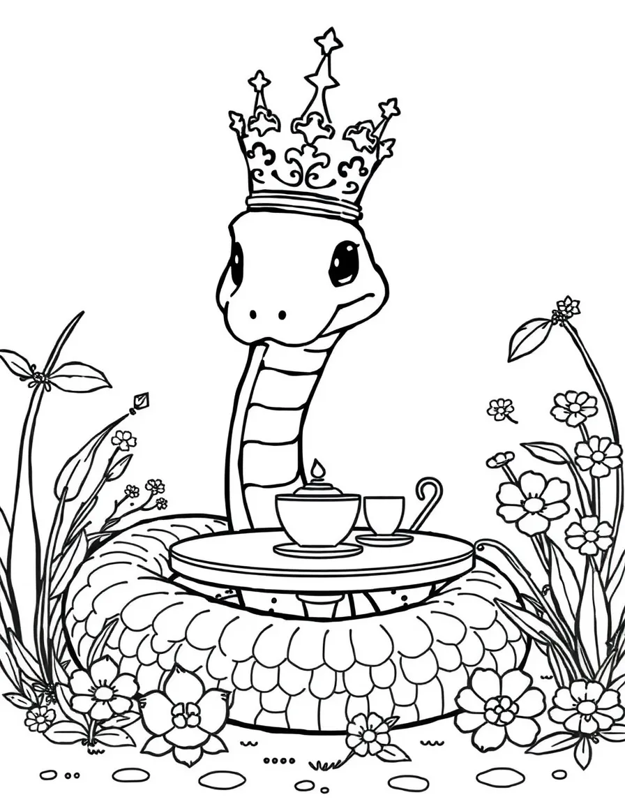 A snake wearing a tiny crown, presiding over a garden tea party.