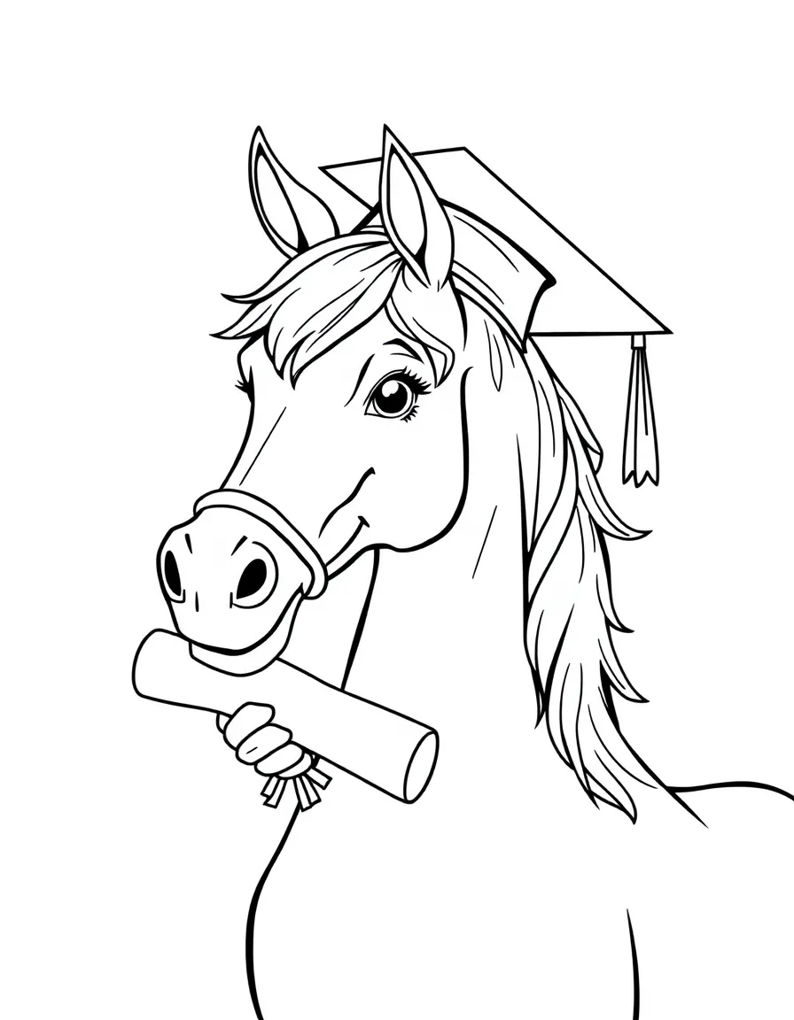 A horse wearing a graduation cap, holding a diploma.