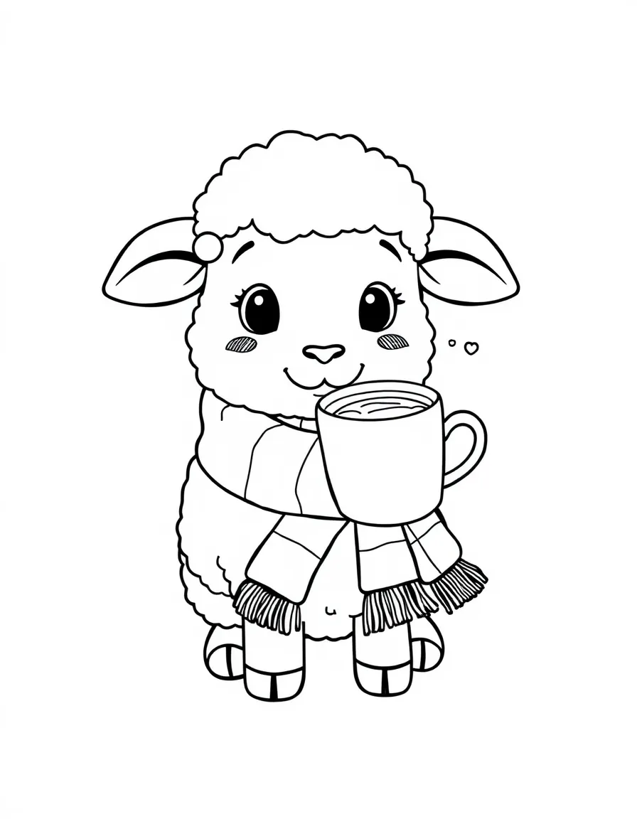 A sheep wearing a tiny scarf, sipping hot cocoa.