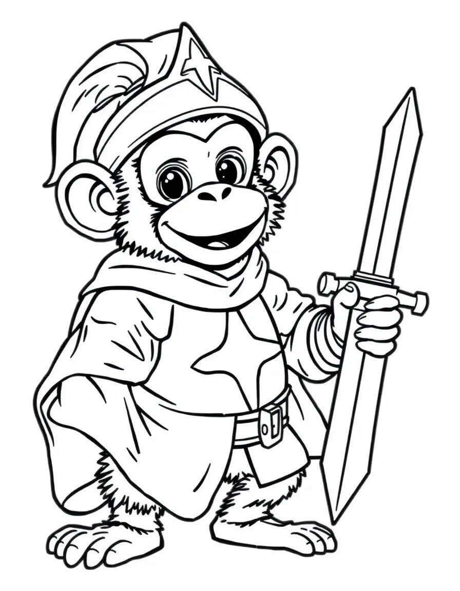 A monkey dressed as a knight, holding a toy sword.