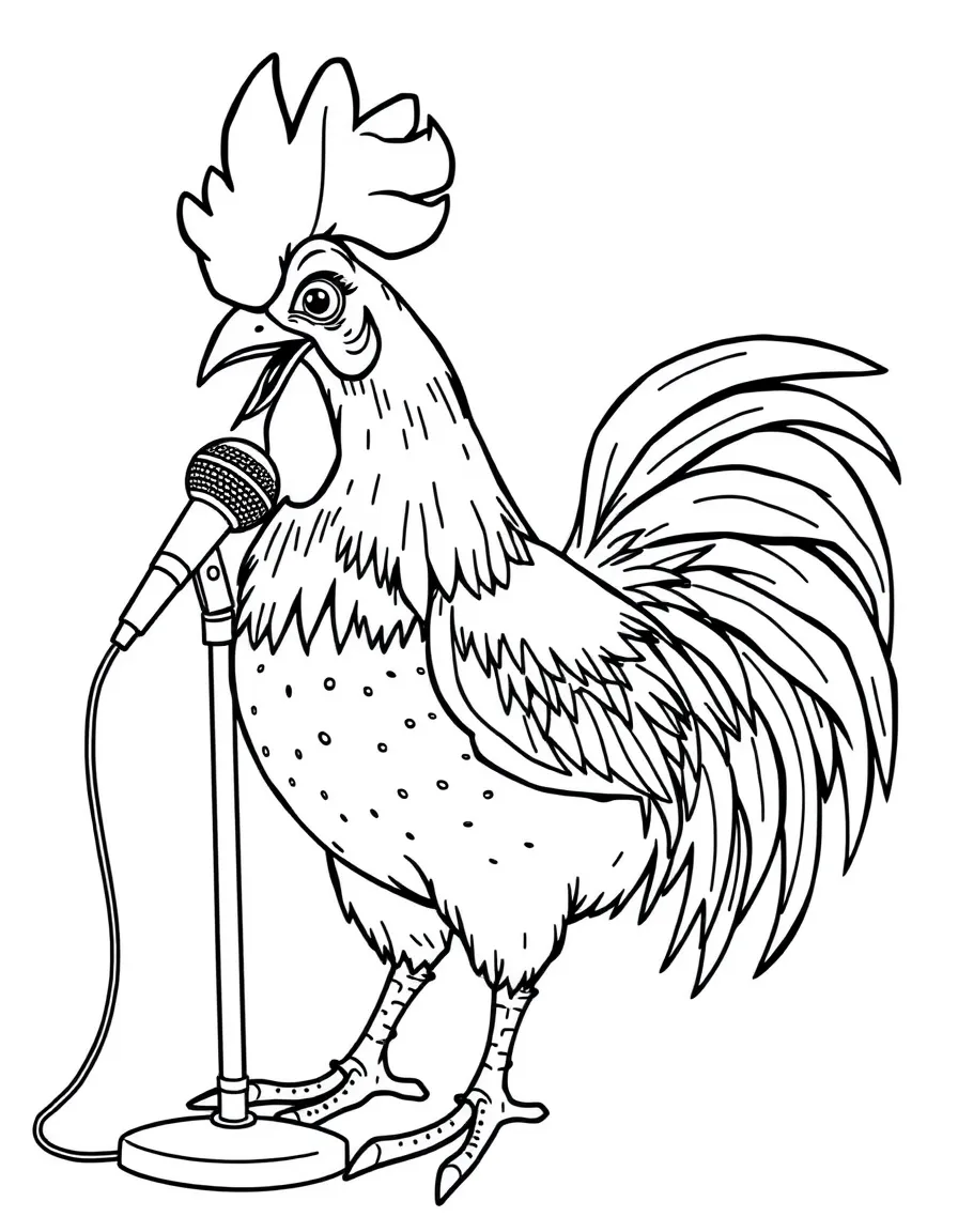 A rooster dressed as a pop star, singing into a microphone.