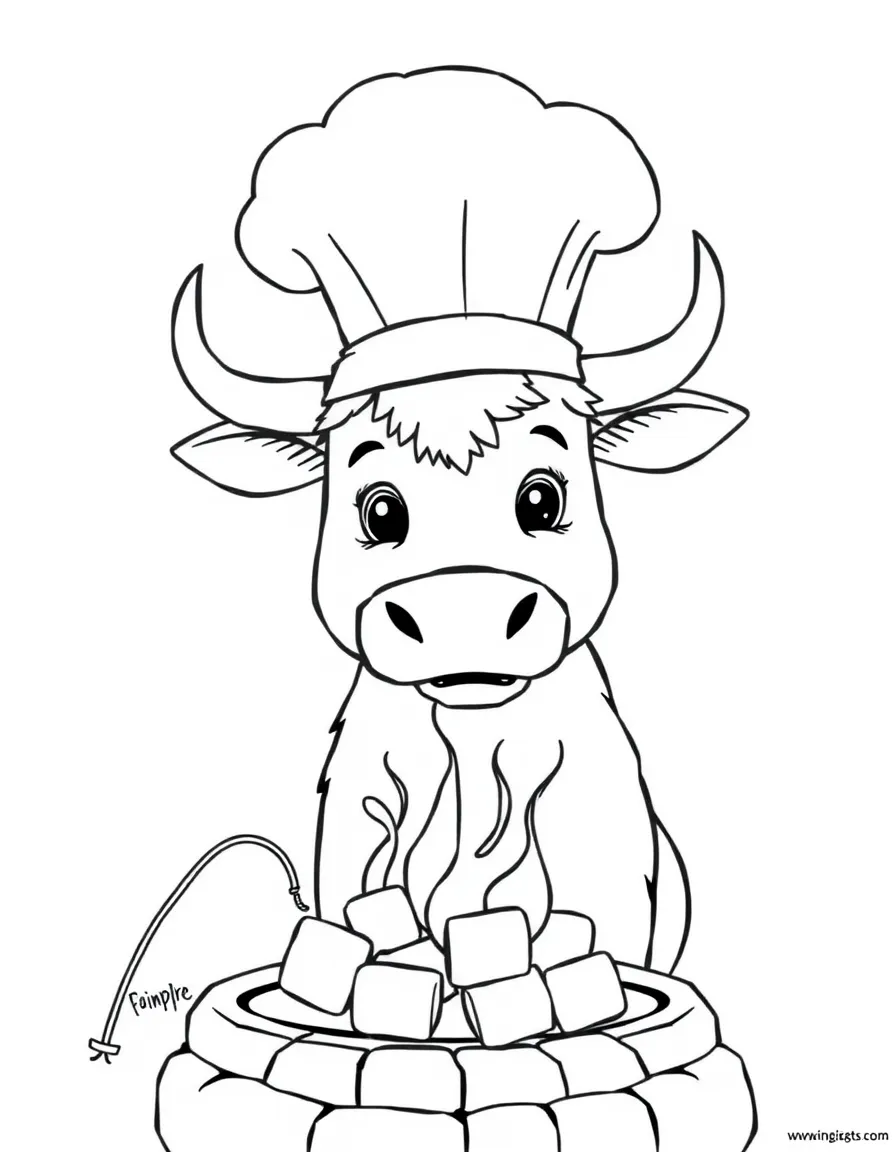 An ox wearing a tiny chef's hat, grilling marshmallows.