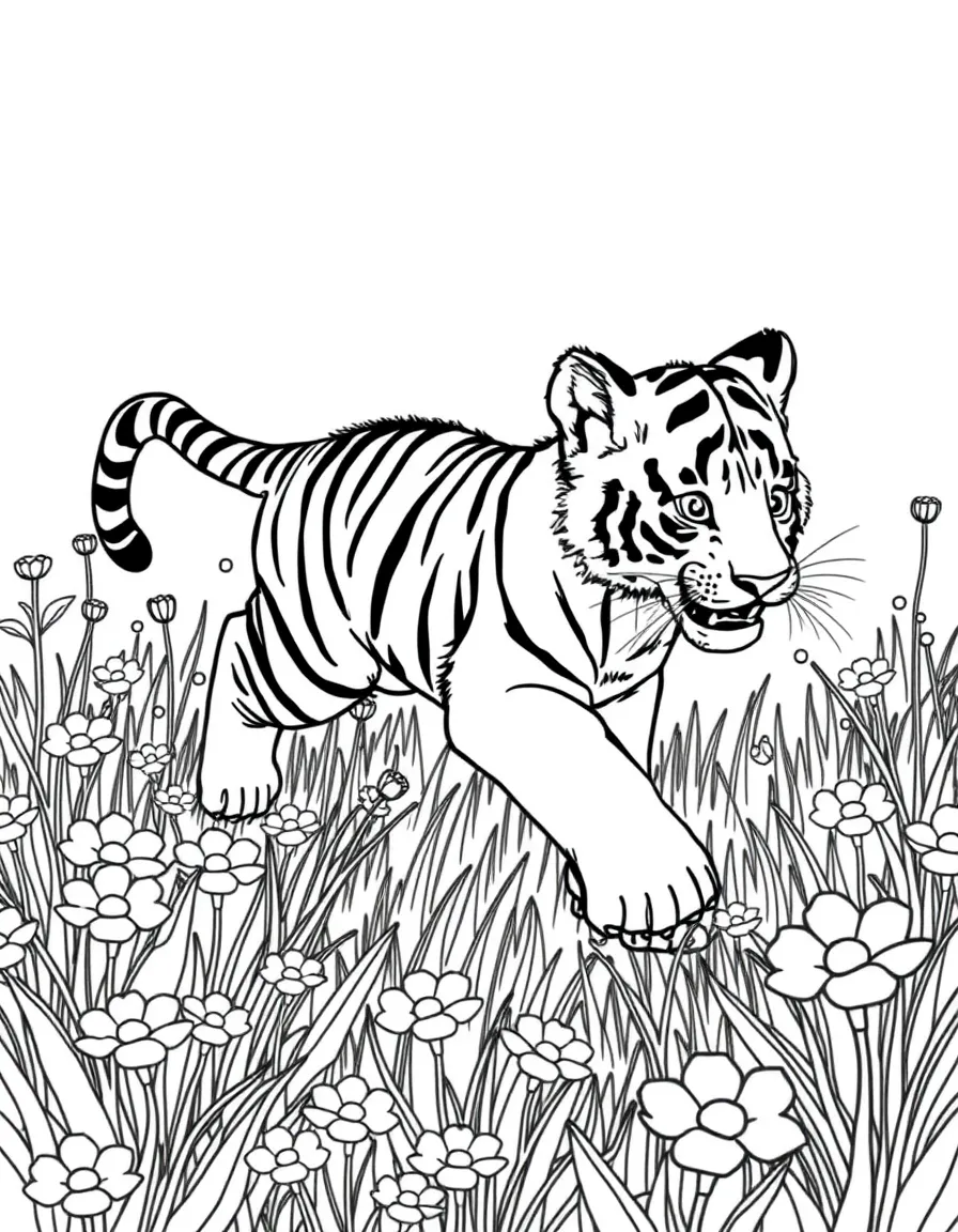 A tiger cub chasing its tail in a field of flowers.