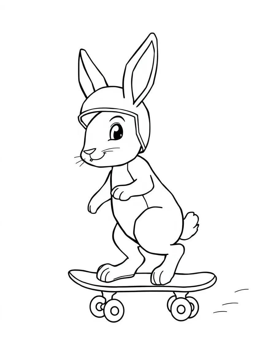 A rabbit riding a skateboard, wearing a helmet.