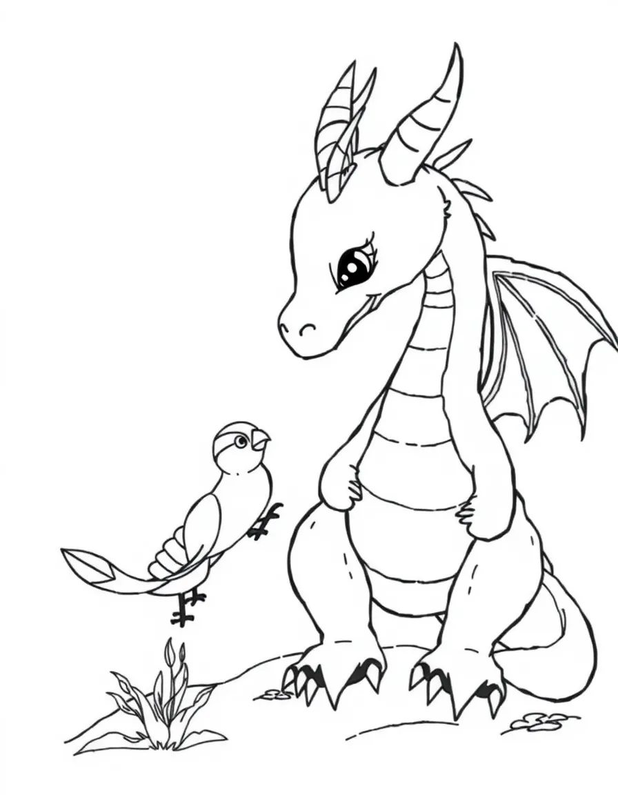 A dragon helping a tiny bird learn to fly.