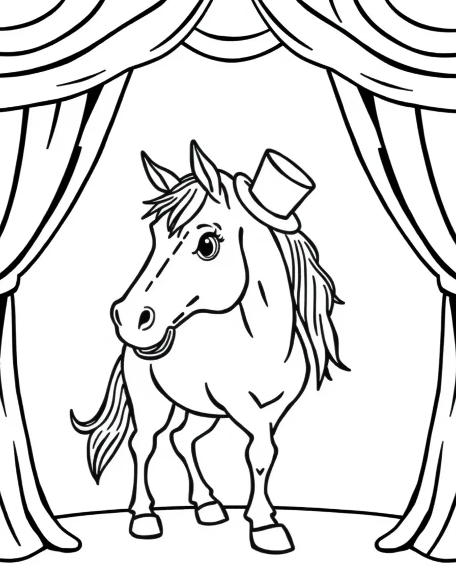 A horse wearing a tiny top hat, performing on stage.