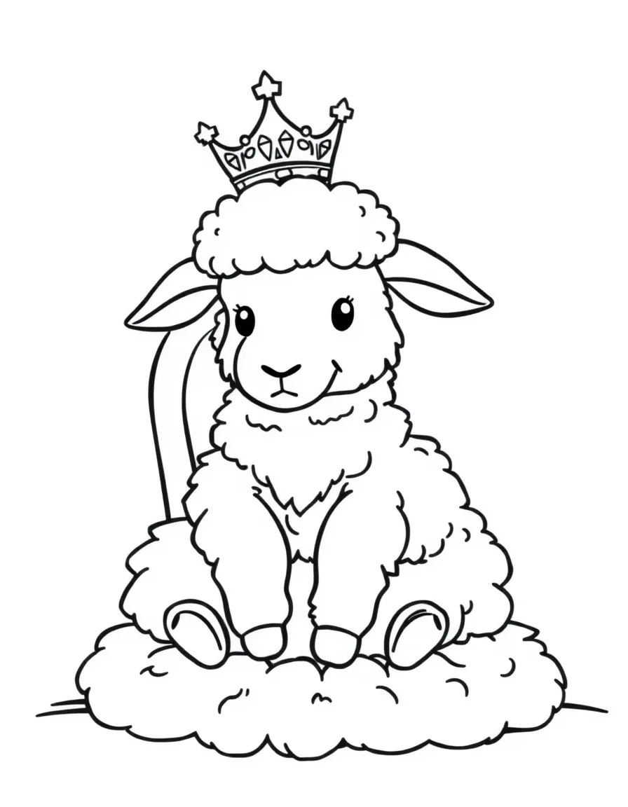 A sheep wearing a tiny crown, sitting on a fluffy throne.