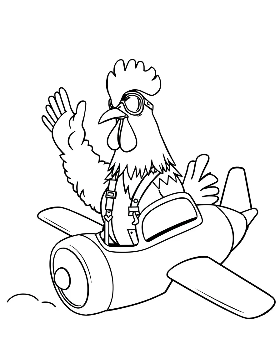 A rooster dressed as a pilot, waving from an airplane.
