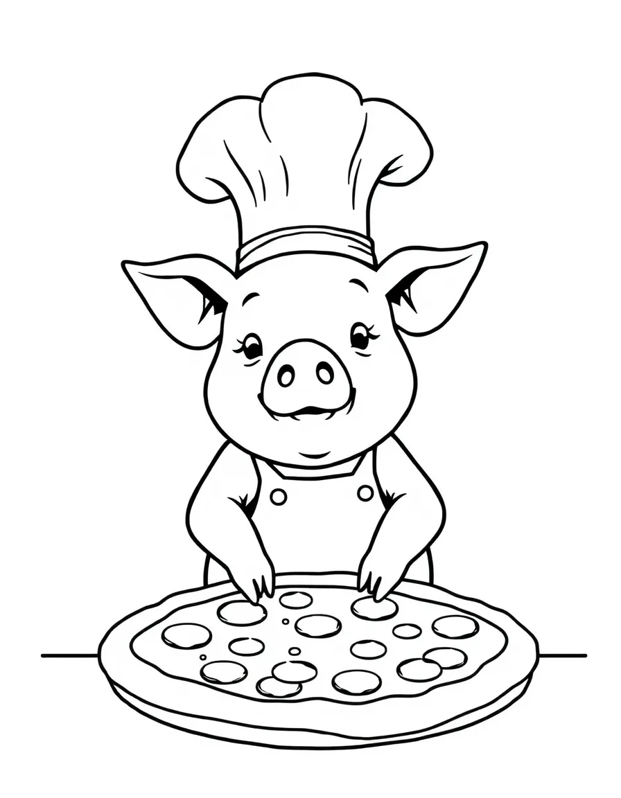 A pig wearing a tiny chef's hat, making a giant pizza.