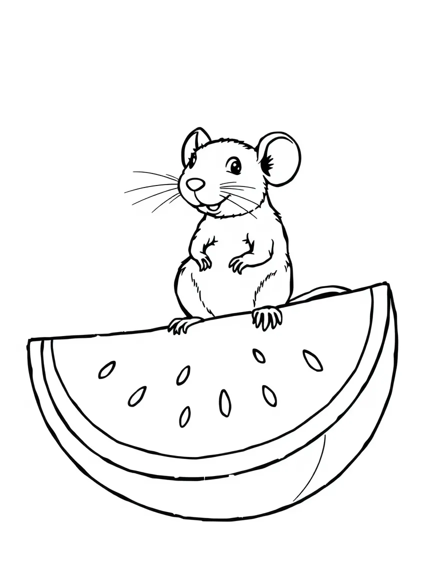 A rat sitting on a giant slice of watermelon.