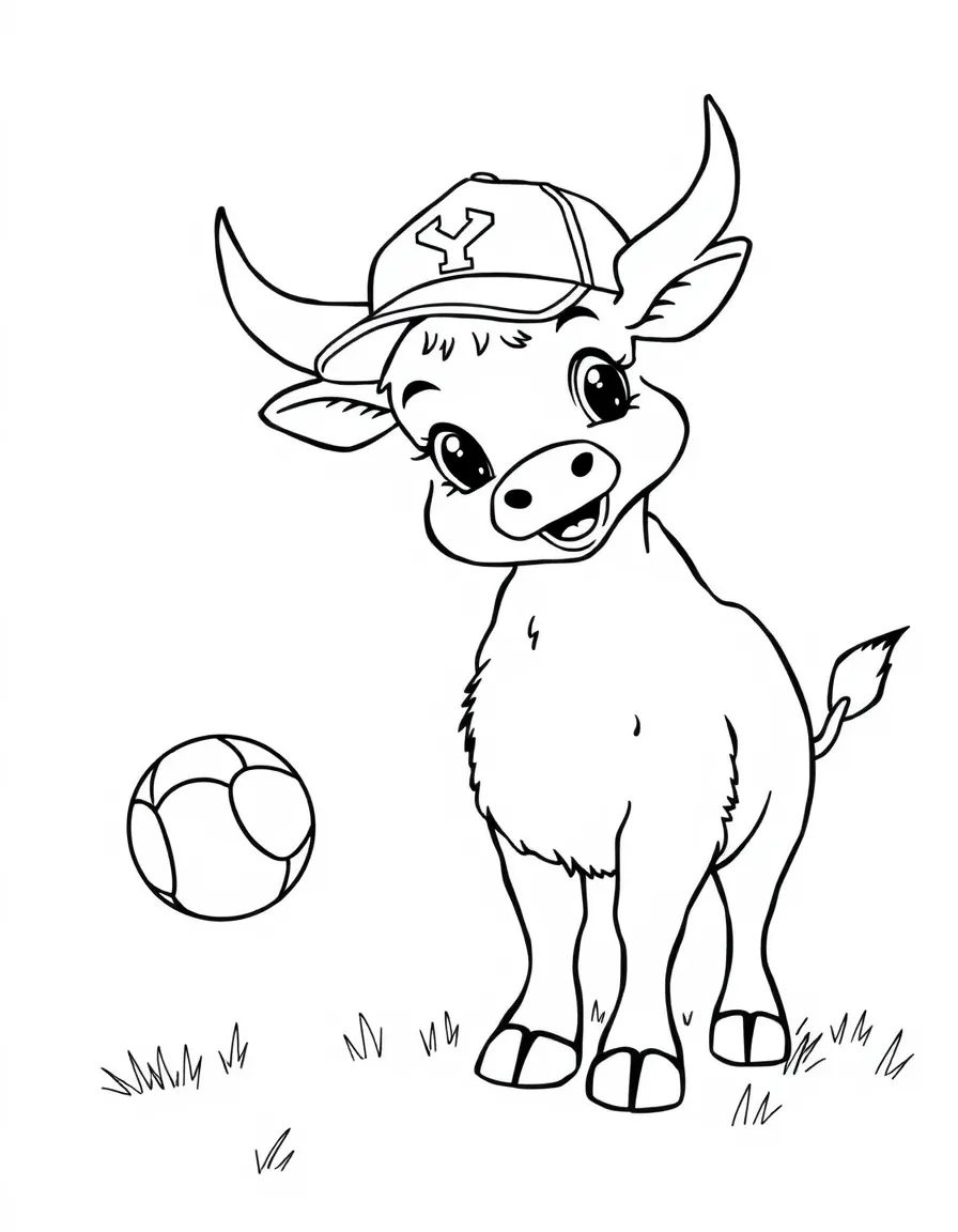 An ox wearing a tiny baseball cap, playing catch.