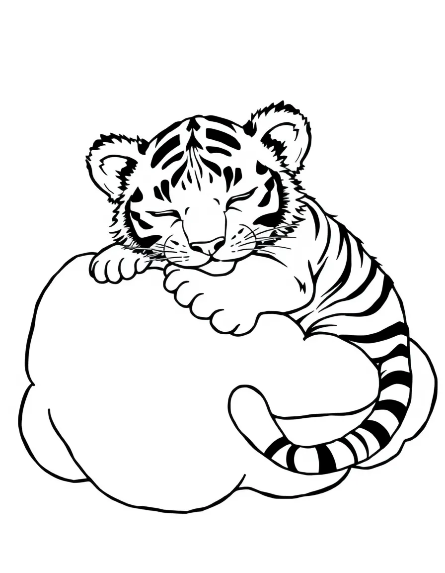 A tiger cub napping on a giant, fluffy cloud.