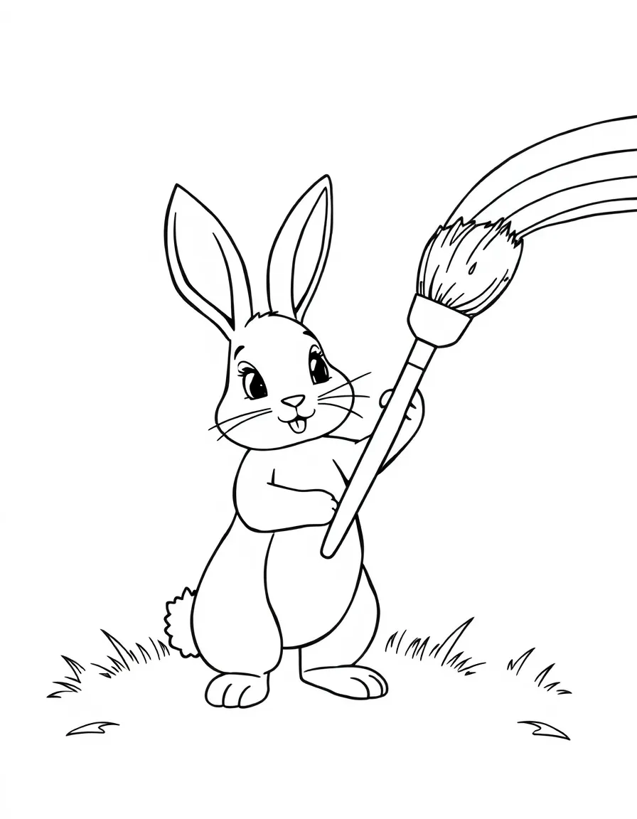 A rabbit holding a giant paintbrush, painting a rainbow.