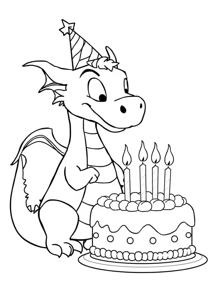 A dragon wearing a party hat, blowing out candles on a cake.