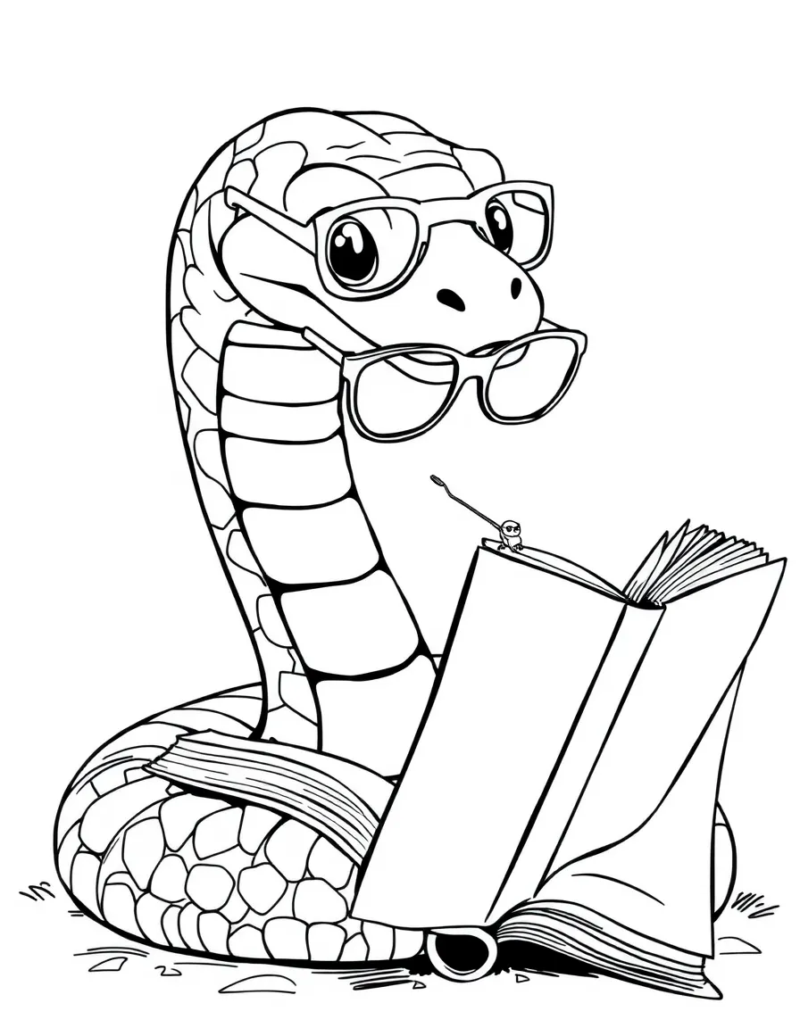 A snake wearing tiny spectacles, reading a giant book.