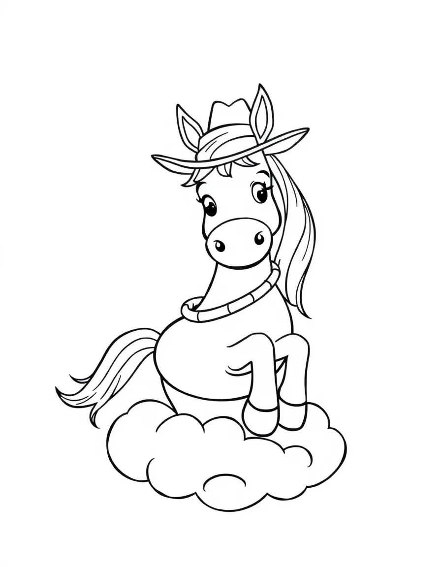 A horse wearing a tiny cowboy hat, riding a friendly cloud.