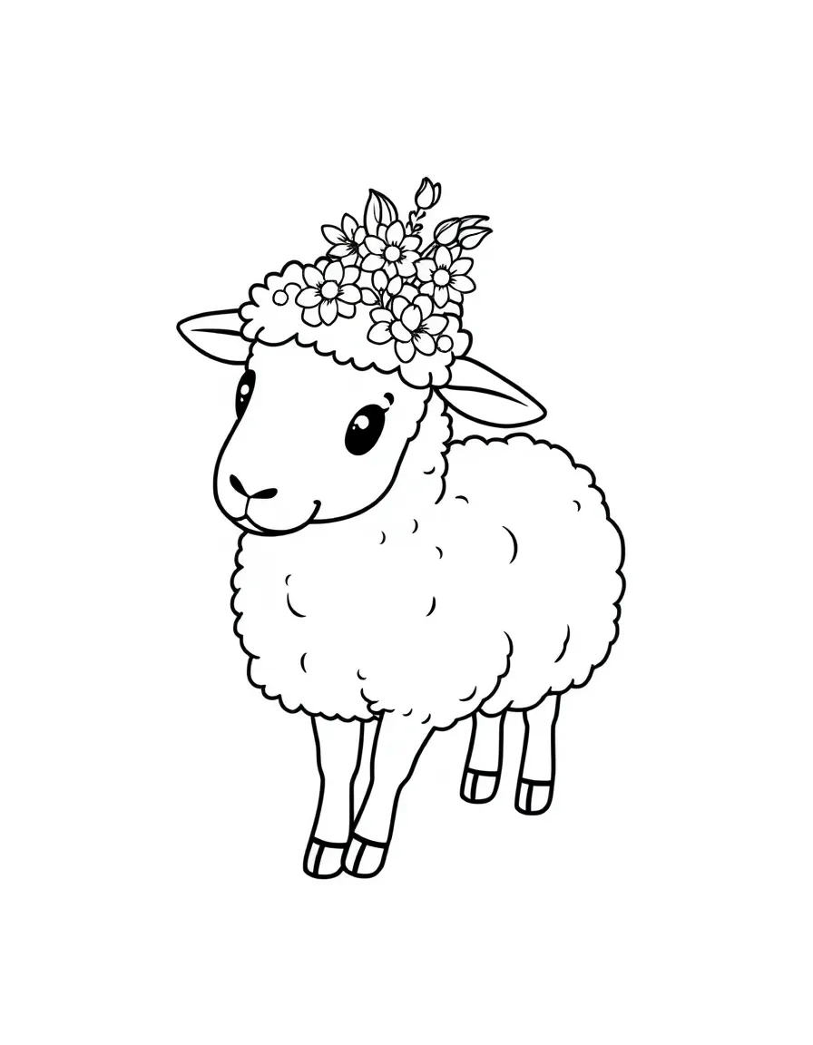 A sheep wearing a tiny flower crown, leading a parade.