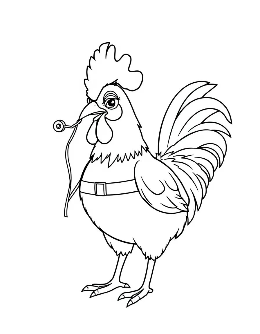 A rooster dressed as a lifeguard, blowing a whistle.