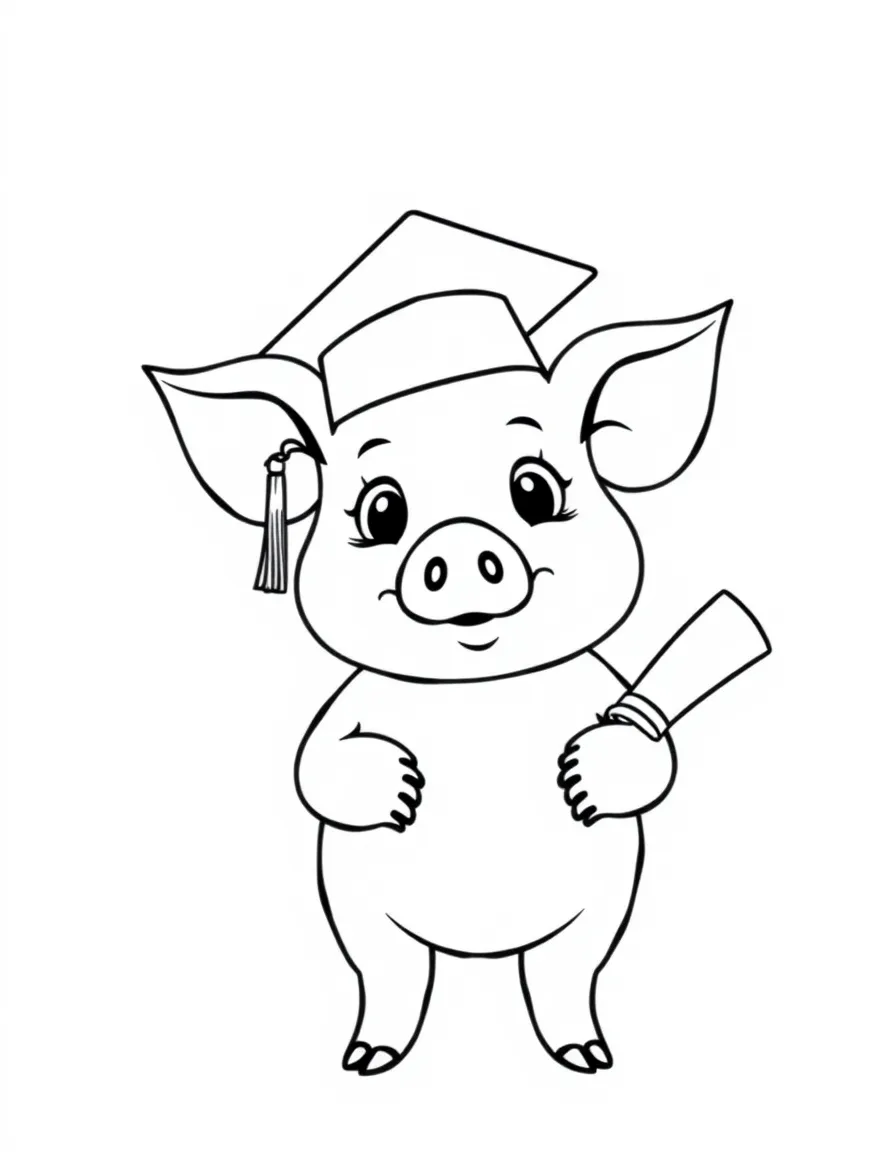 A pig wearing a tiny graduation cap, holding a diploma.