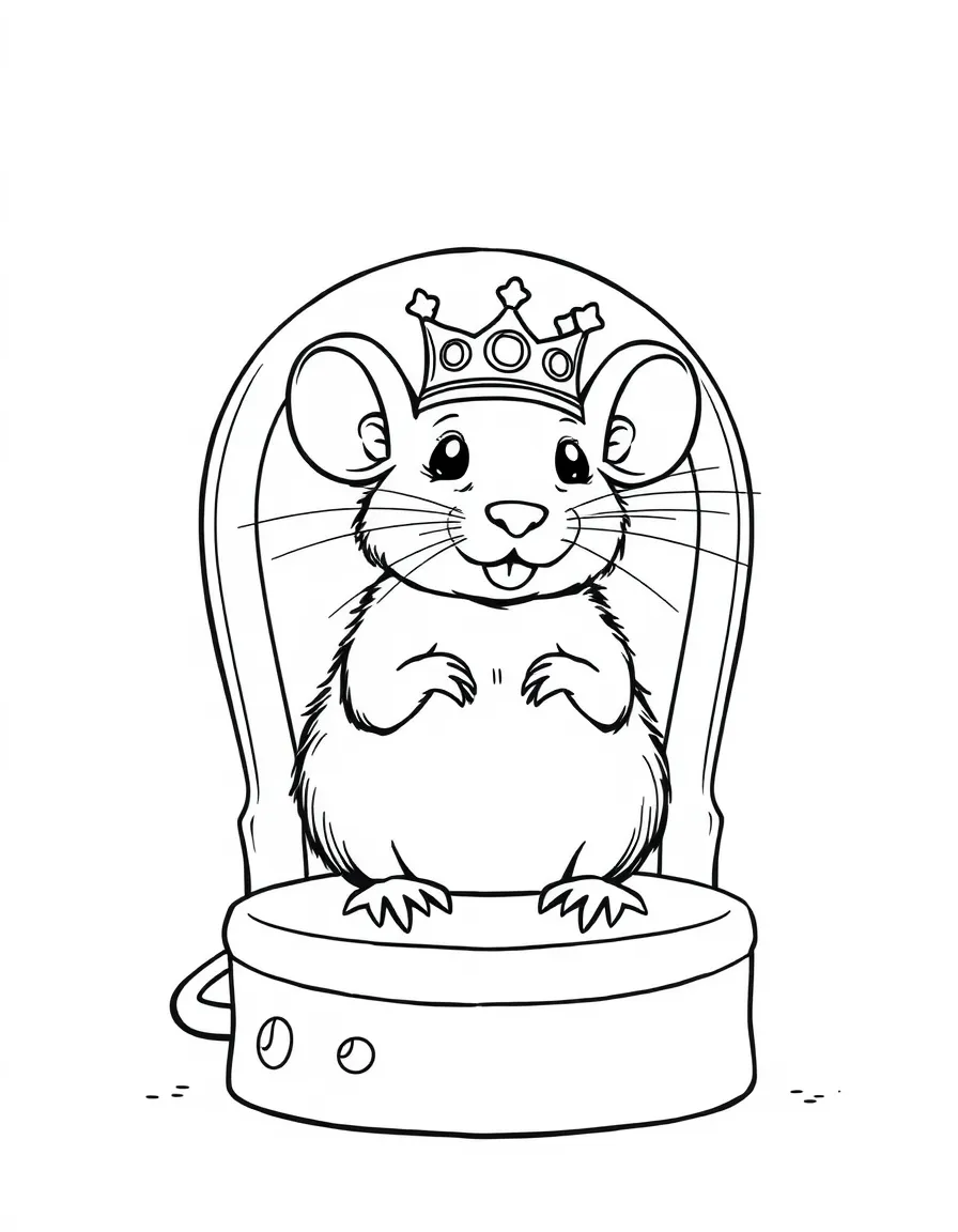 A rat wearing a tiny crown, sitting on a throne of cheese.