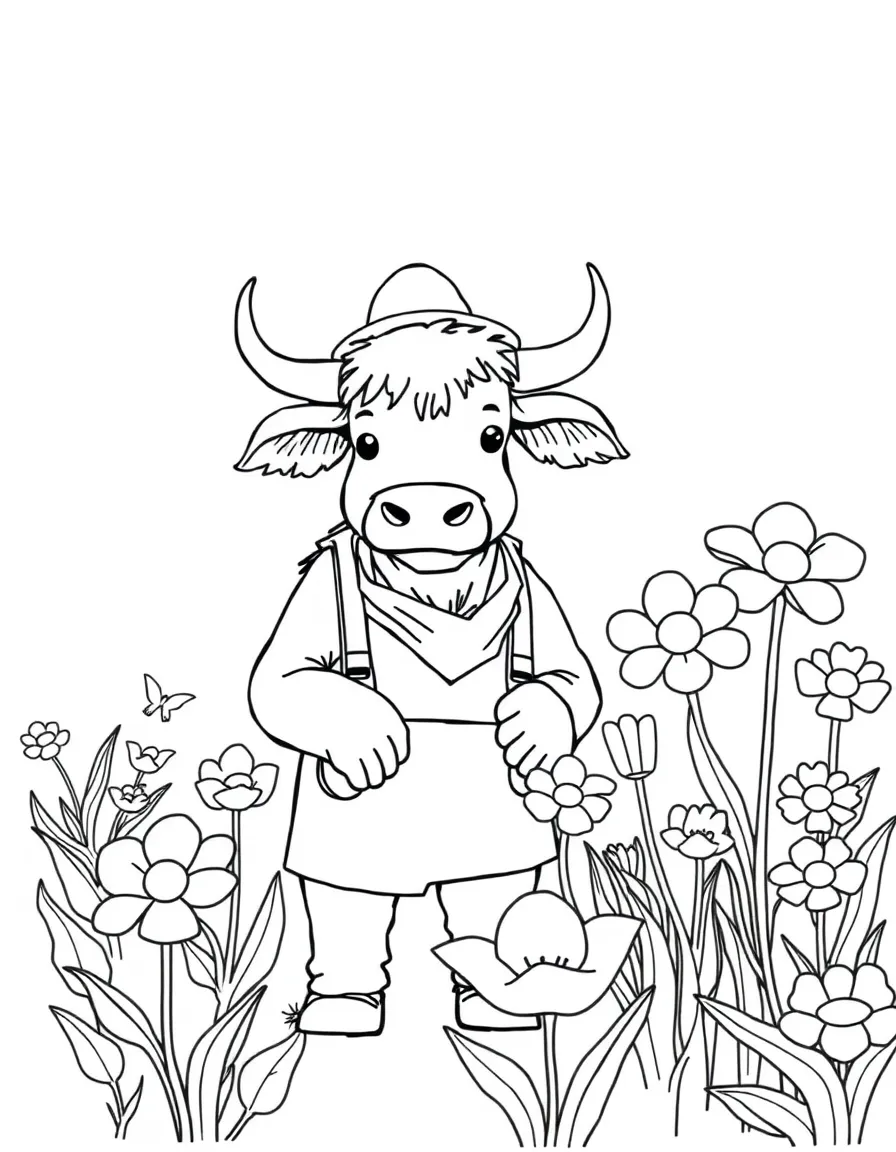 An ox dressed as a gardener, tending to giant flowers.