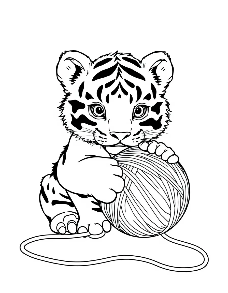 A tiger cub playing with a giant ball of yarn.