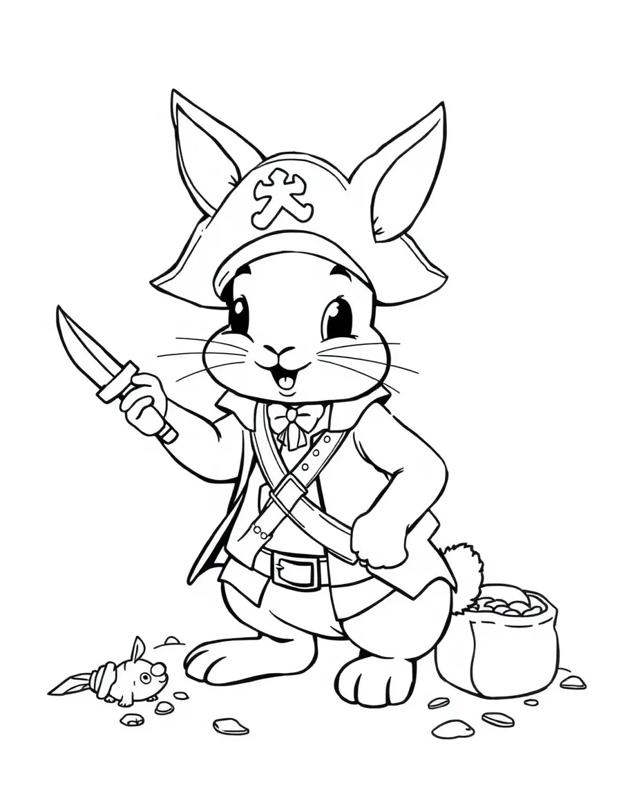 A rabbit dressed as a pirate, searching for treasure.