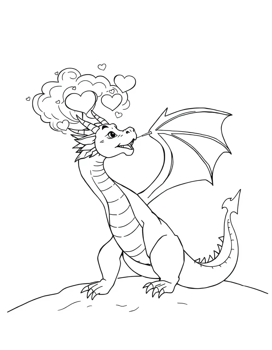 A dragon blowing heart-shaped smoke into the sky.