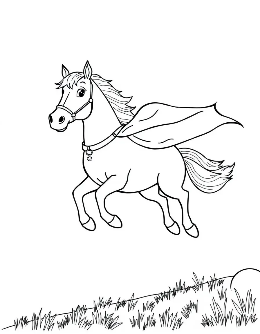 A horse wearing a tiny superhero cape, flying through the sky.