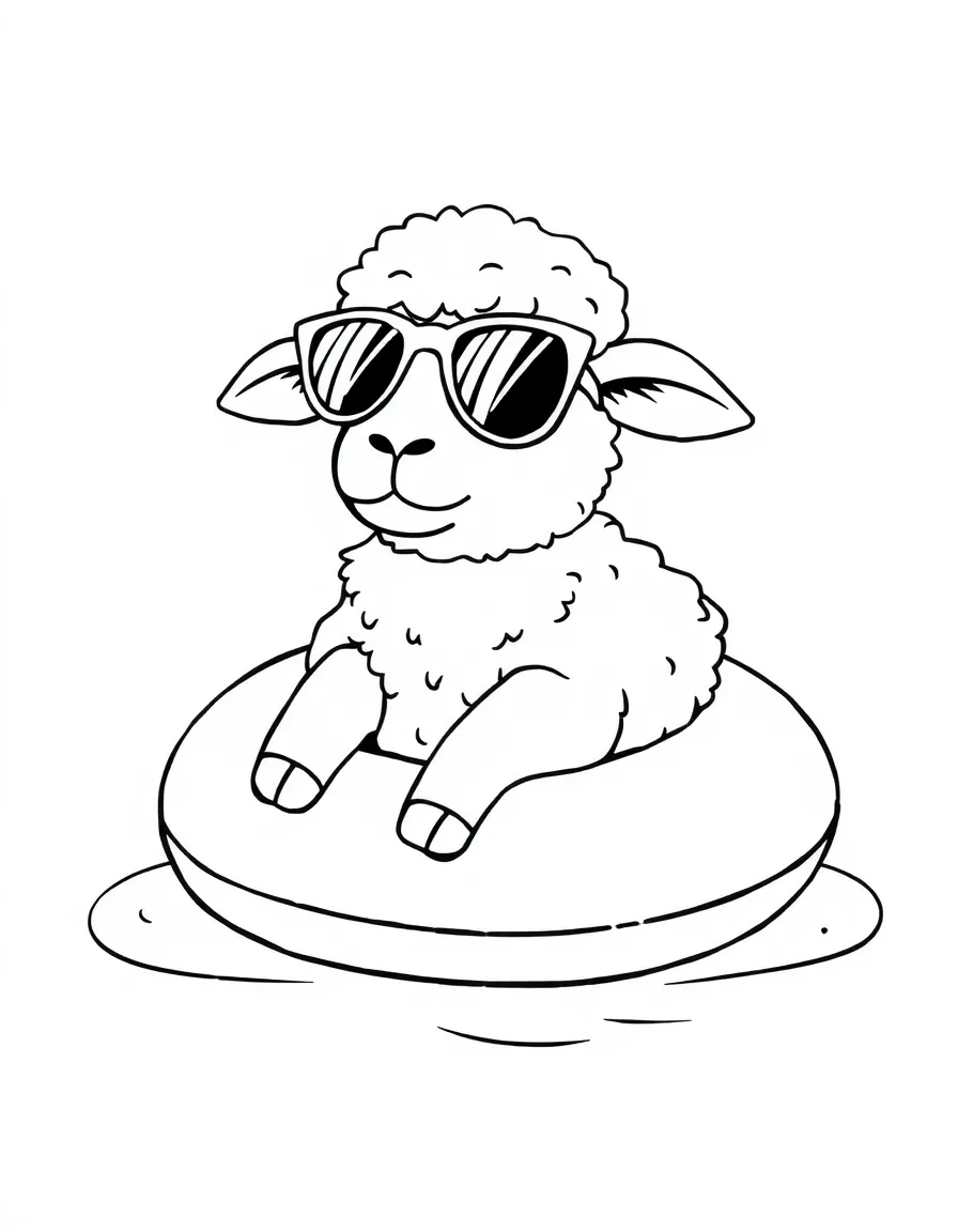 A sheep wearing tiny sunglasses, relaxing on a floatie.