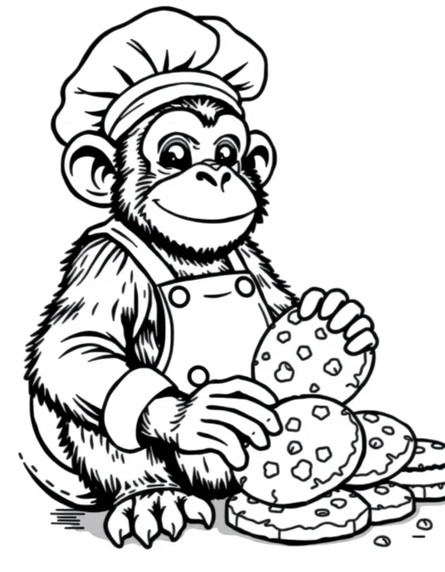 A monkey dressed as a chef, baking giant cookies.