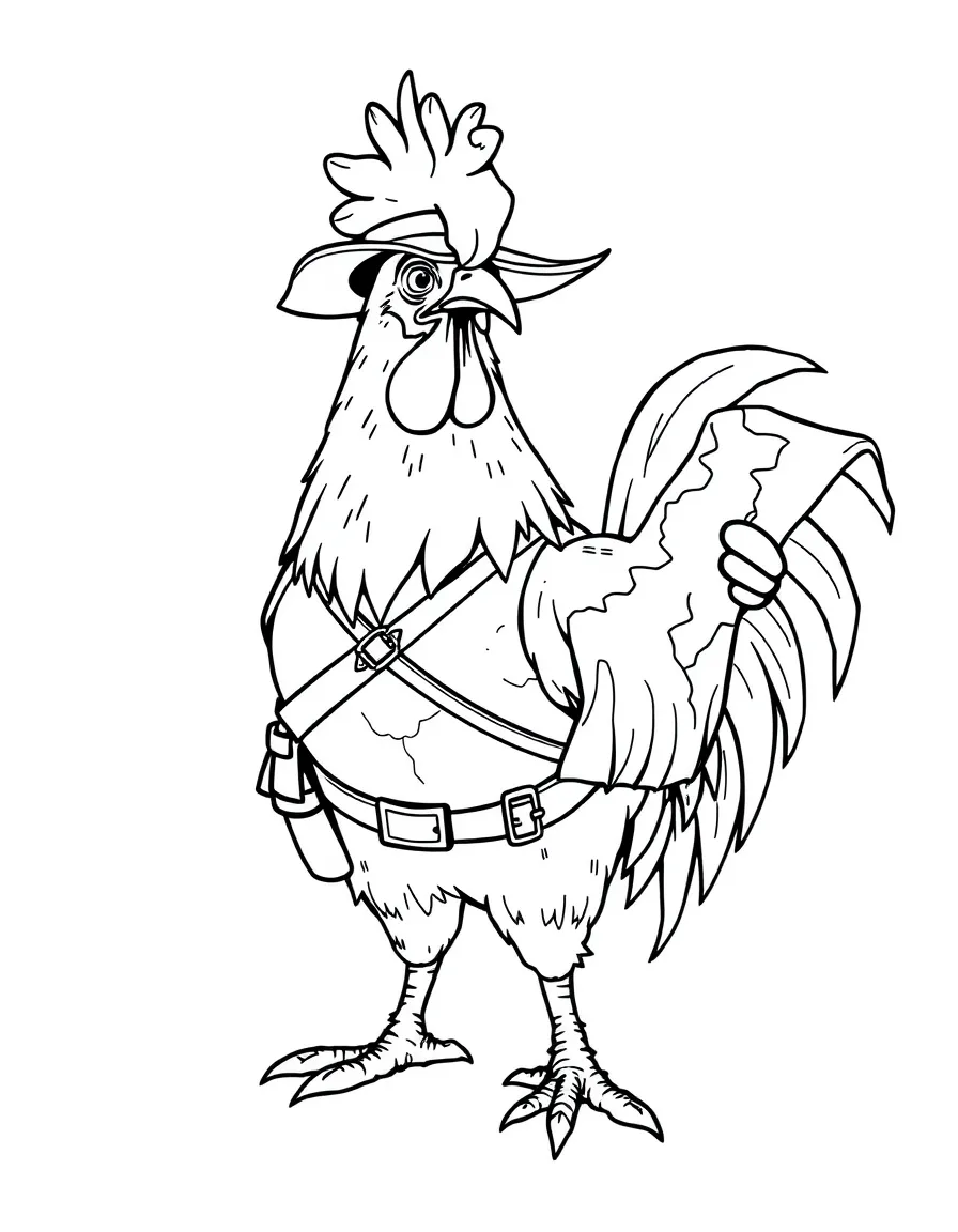 A rooster dressed as an explorer, holding a map.