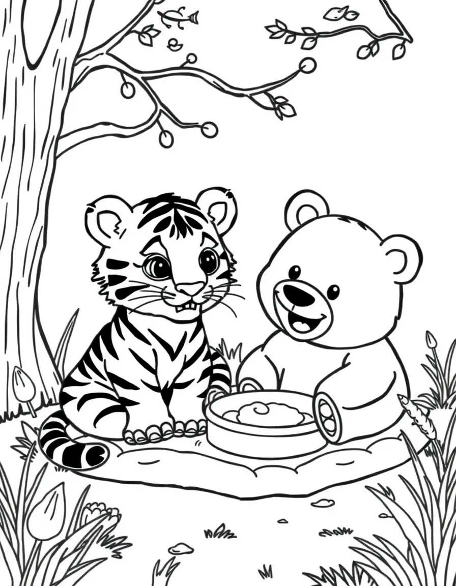 A tiger cub having a picnic with a friendly bear.