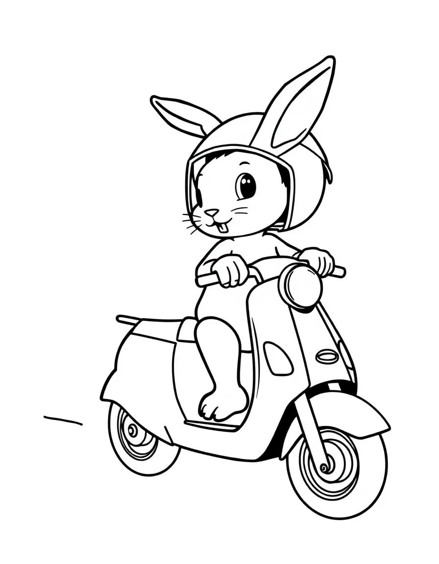 A rabbit riding a scooter, wearing a helmet.