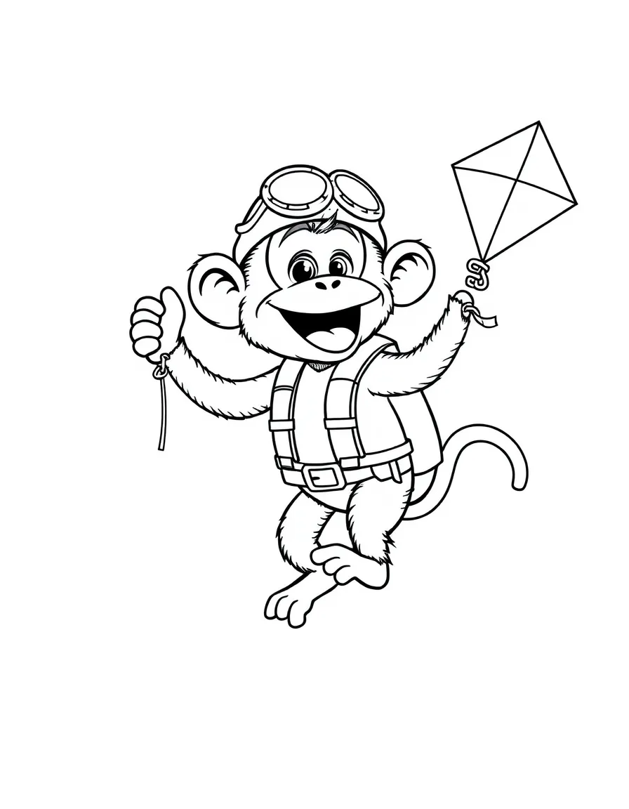 A monkey dressed as a pilot, flying a kite.