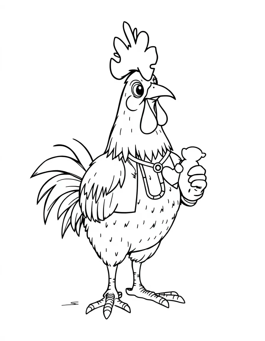 A rooster dressed as a doctor, checking a toy's heartbeat.