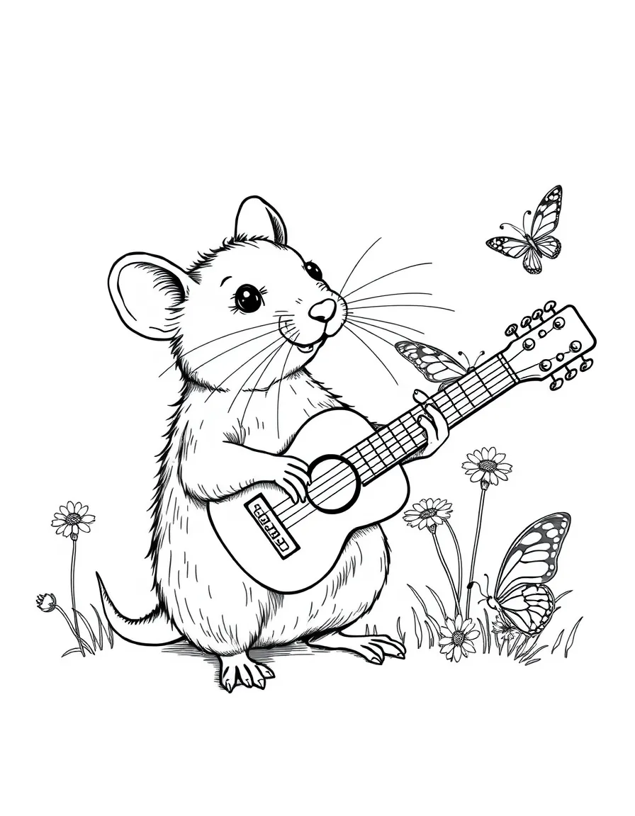 A rat playing a tiny guitar for a group of butterflies.