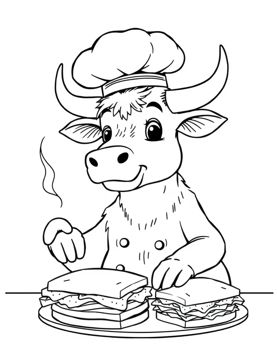 An ox wearing a tiny chef's hat, making giant sandwiches.