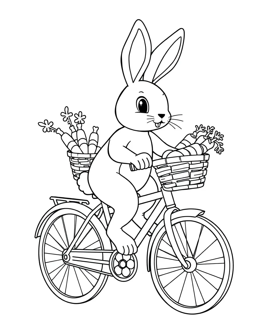 A rabbit riding a bicycle, carrying a basket of carrots.