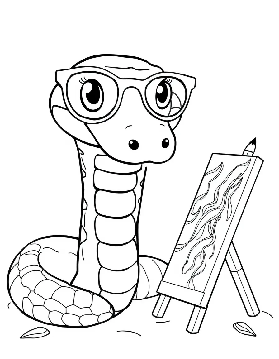 A snake wearing tiny spectacles, painting a picture.