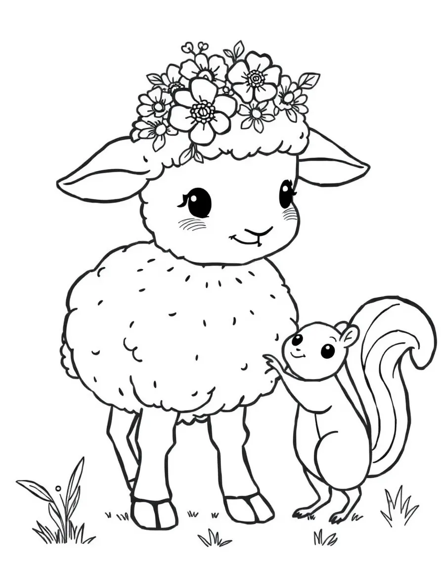 A sheep wearing a tiny flower crown, dancing with a squirrel.