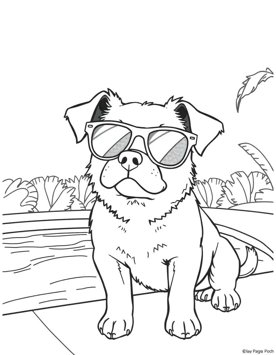 A dog wearing tiny sunglasses, relaxing by a pool.