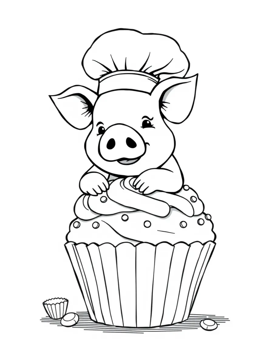 A pig wearing a tiny chef's hat, decorating a giant cupcake.