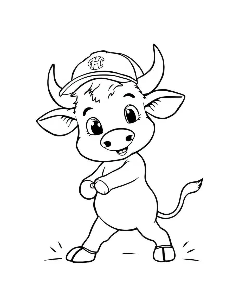 An ox wearing a tiny baseball cap, hitting a home run.