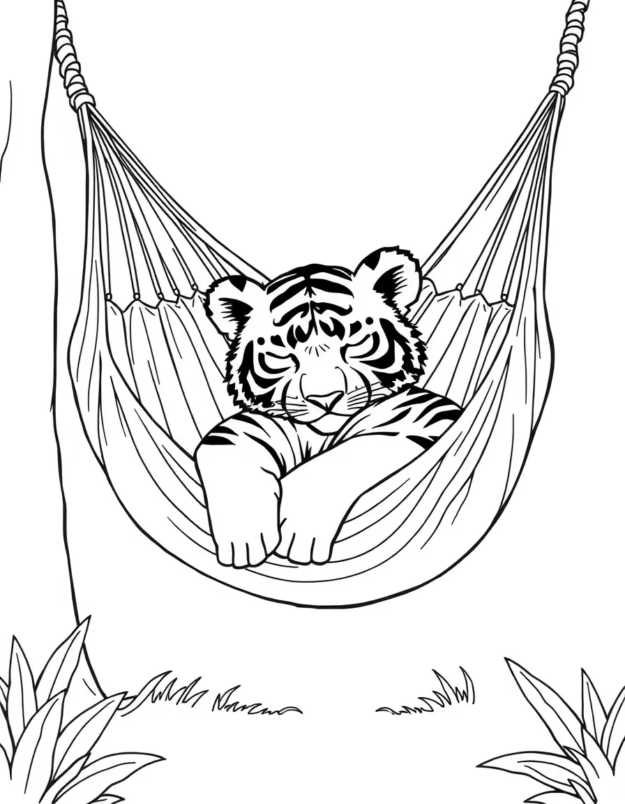 A tiger cub napping in a giant, cozy hammock.