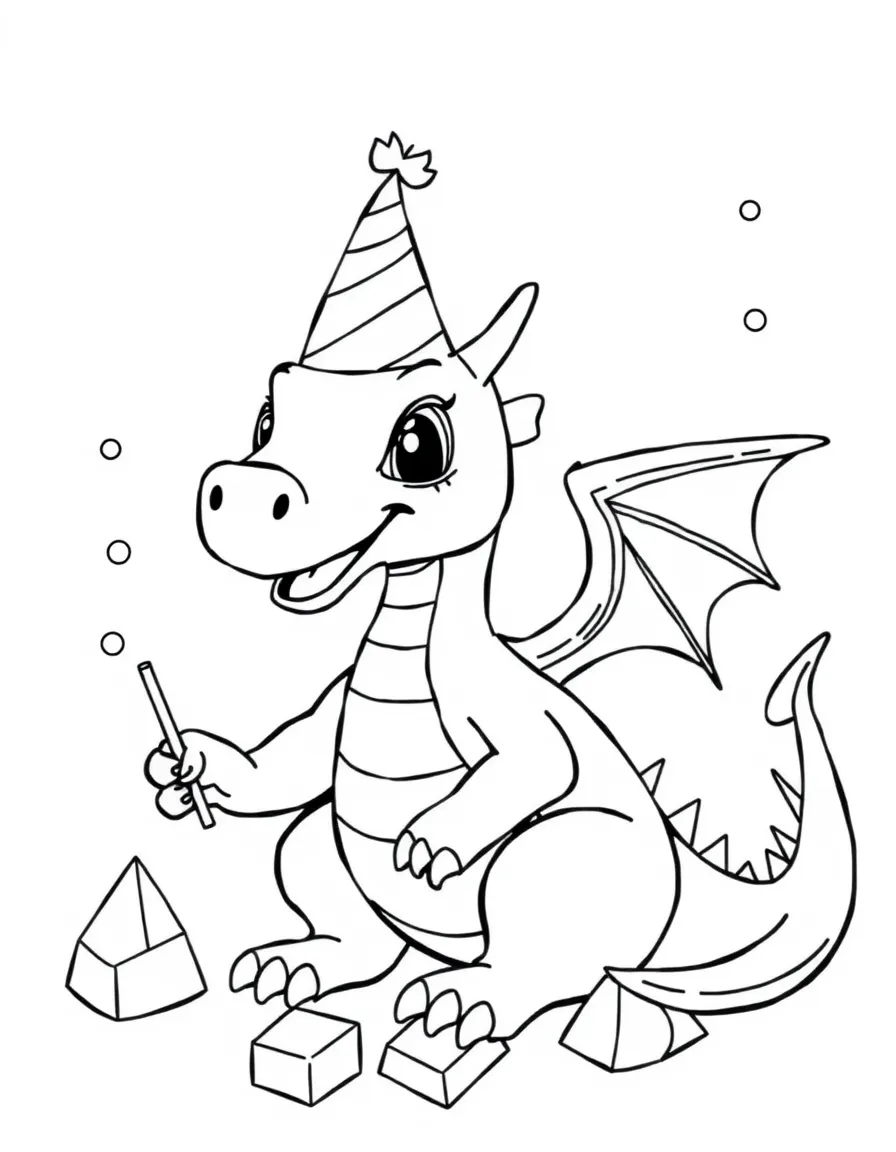 A dragon wearing a tiny party hat, playing party games.