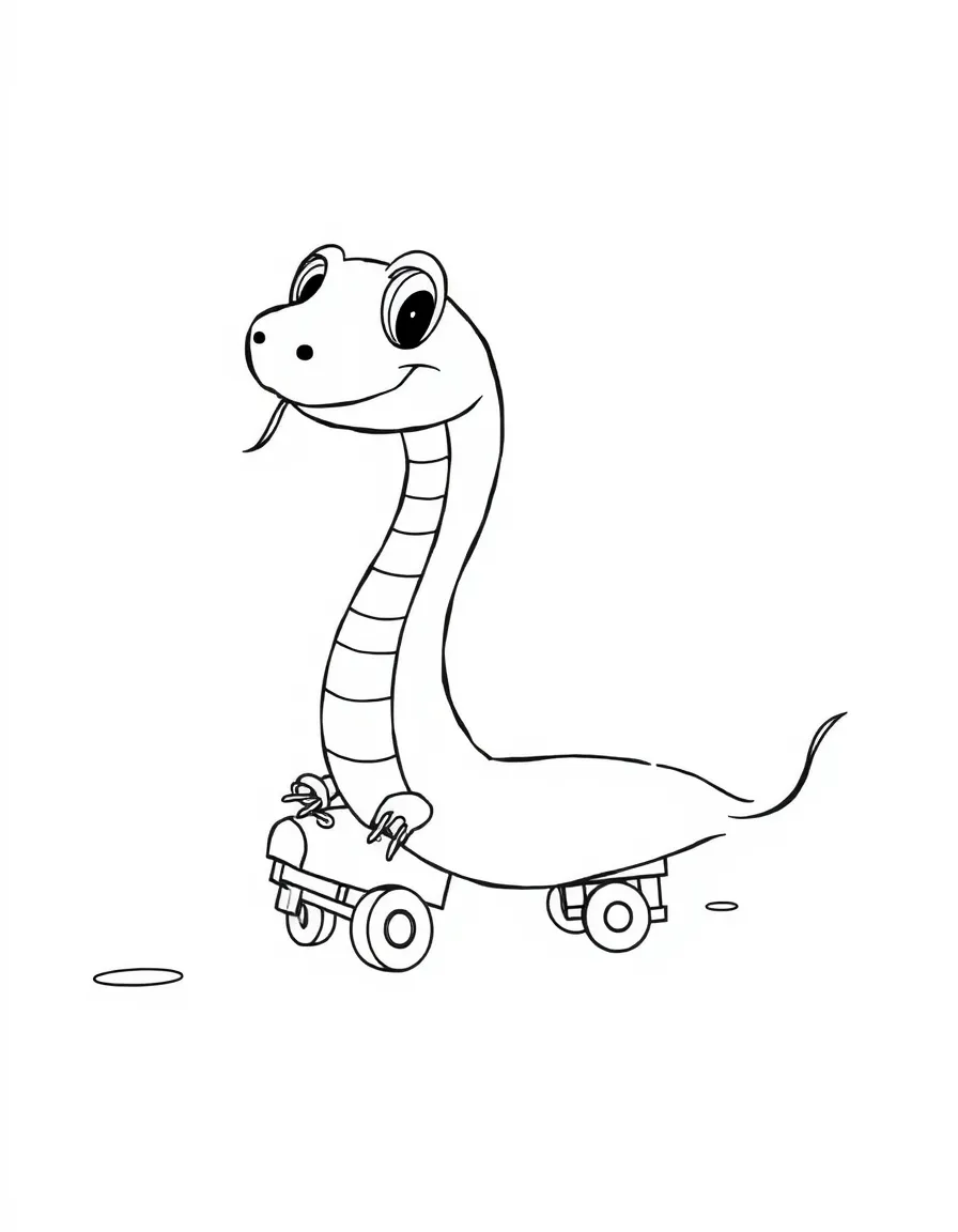 A snake wearing tiny roller skates, gliding across the floor.