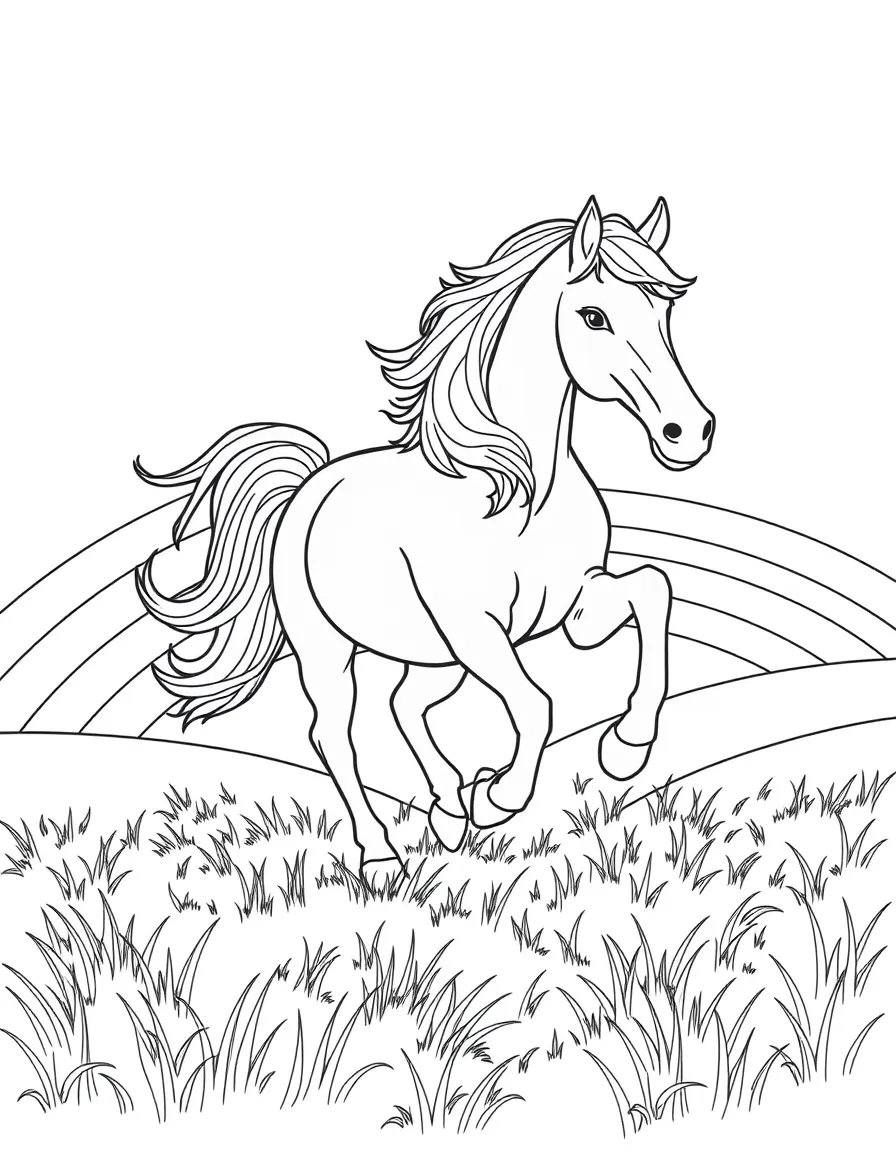 A horse with a flowing mane, prancing through a field of rainbows.