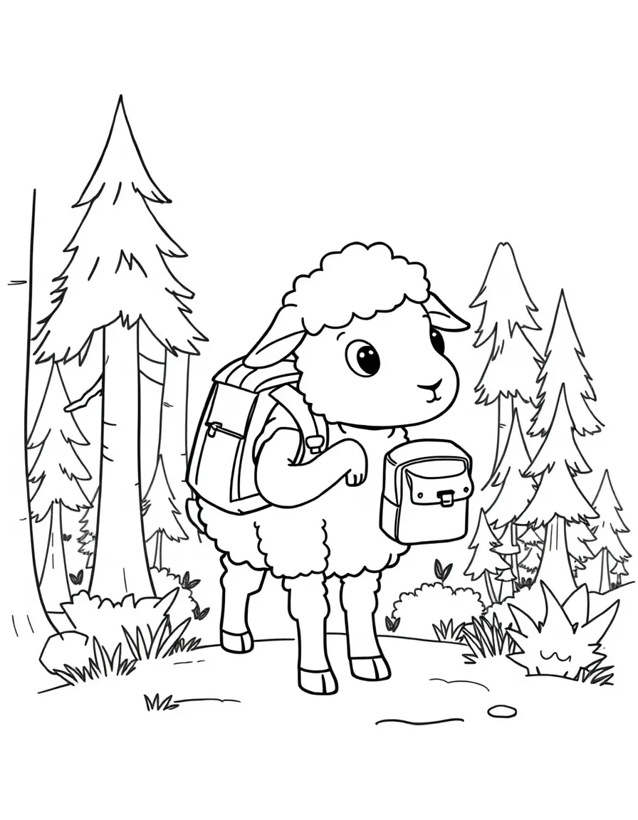 A sheep wearing a tiny backpack, exploring a forest.